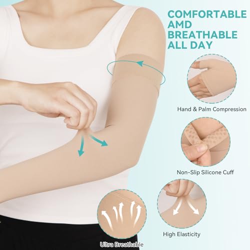 Lymphedema Compression Arm Sleeves for Women Men 20-30 mmHg Large Beige