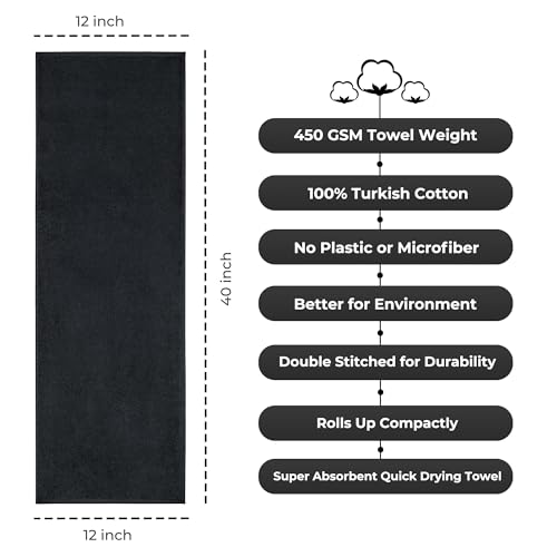 Black 12x40 Inch Gym Sweat Towel - High Absorbent Cotton Workout Towel