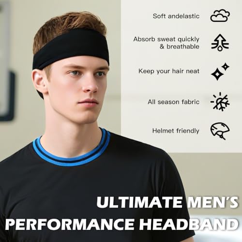 Men's Lightweight Summer Headbands - Black, Pack of 6