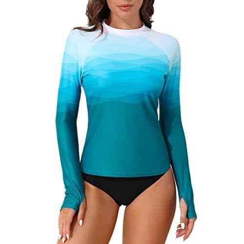 ATTRACO Women's Rash Guard Swim Shirt Long Sleeve Uv Sun Protection Quick Dry Lightweight Printed Shirts with Thumb Holes