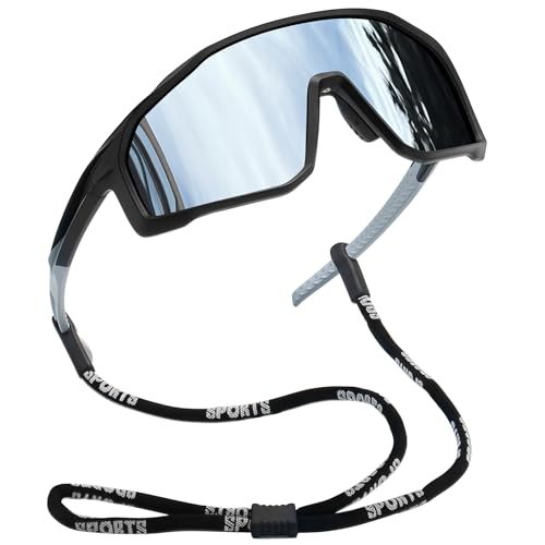 Joopin Oversized Sports Sunglasses with Strap Polarized UV Protection Black Frame Silver Mirrored Lens