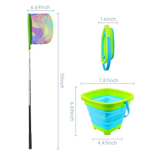 2PCS Collapsible Fishing Nets with Buckets - Telescopic Youth Fish Catching Set - Orange & Green