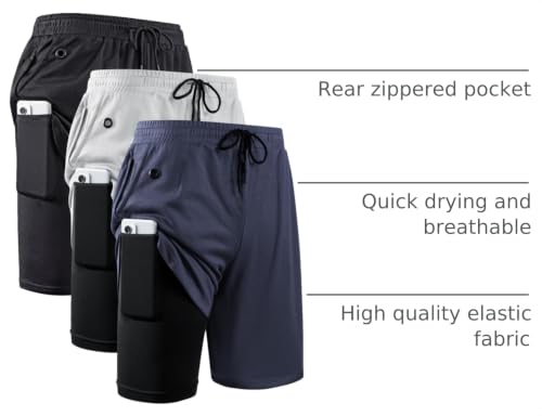 JWJ Men's 2-in-1 Running Shorts - Quick Dry Gym Athletic Workout Clothes with Side Pockets - Large / 3 Pack Black Grey Navy