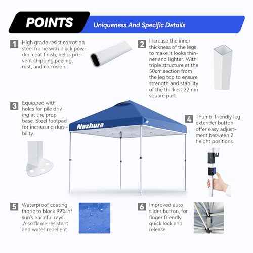 Nazhura 10' x 10' Pop Up Canopy Tent with Sand Weight Bag, Freestanding Sun Shelter for Picnic and Camping, One Person Setup and Height Adjustable (Blue)