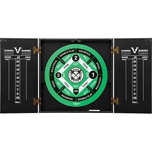 Viper Hideaway Dartboard Cabinet Set with Steel-Tip Dart Board, Reversible Board with Baseball Game Option, Two Sets of Darts, Chalk Scoreboards, and Matte Black Finish