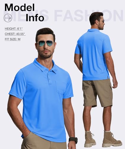 Men's Polo Shirts with Pockets 5 Pack Short Sleeve Athletic Work Uniforms - Apricot, Light Blue, Royal Blue, Light Royal Blue, Emerald Blue - Large