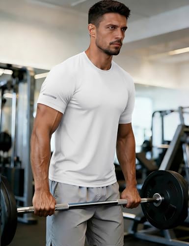 Men's Workout Shirt Short Sleeve Sun Protection UPF 50+ Athletic Tee Large White