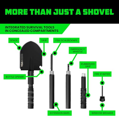 Black 31-Inch Survival Shovel with Pick and Multi-Tools - Military Style