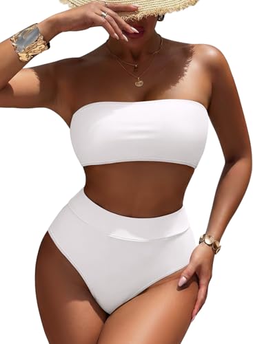 Pink Queen Women's High Waist Bikini Set Removable Strap Bandeau Swimsuit White Small