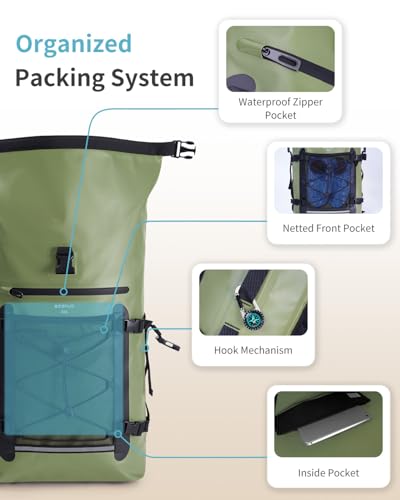 Ecohub Waterproof Backpack 30L Green Roll-Top Heavy Duty Dry Bag