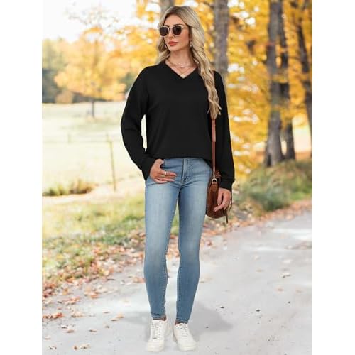 WIHOLL Sweatshirt for Women V Neck Sweaters Long Sleeve Shirts Fall Clothes Ribbed Collar 2025 Trendy Fashion