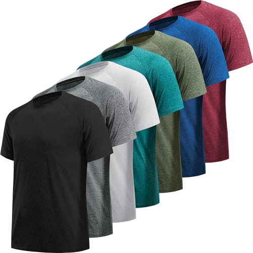 MLYENX 7 Pack Men's Workout T-Shirts - Quick Dry Athletic Gym Tees, X-Large, Black & Grey