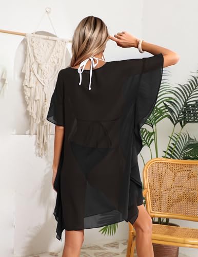 Black Women's Swimsuit Coverup Chiffon Floral Bathing Suit Cover Up Ruffled Summer Beachwear S-3XL XL