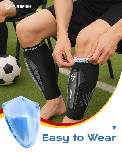 Youth Soccer Shin Guards with Impact-Absorbing Sleeves - Black, Medium (10.6-11.4")