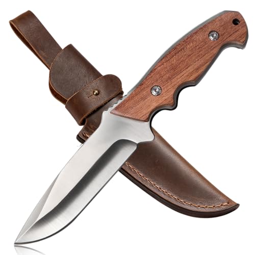 9.2 Inch Carbon Steel Fixed Blade Hunting Knife with Wooden Handle and Leather Sheath