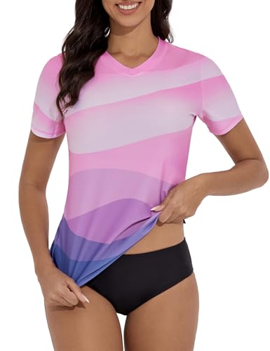Women's V-Neck Short Sleeve Rash Guard Swim Shirt - Large Pink Purple Gradient