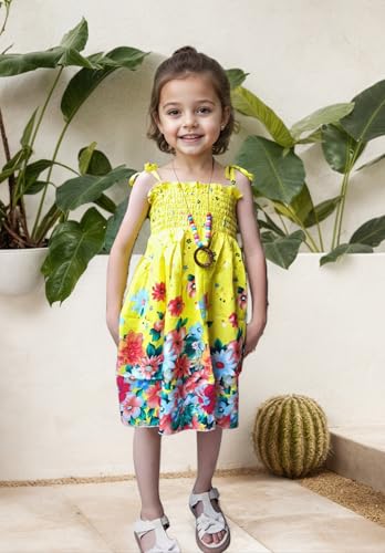 Girls Bohemian Rainbow Dress 2-12T with Necklace - Flower Yellow 9-10 Years