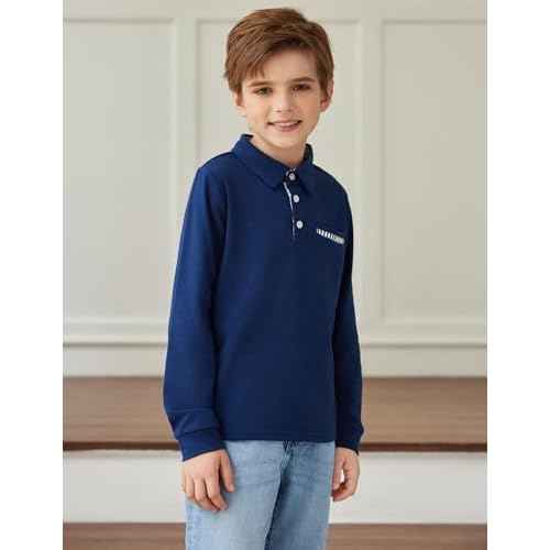 Arshiner Boy's Long Sleeve Plaid Trim Polo Shirt School Uniform Shirt with Pocket for 4-12 Years