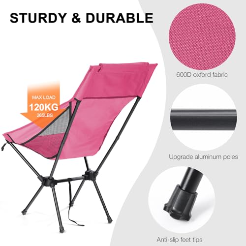 Large Pink High Back Camping Chair - Portable Outdoor Folding Seat