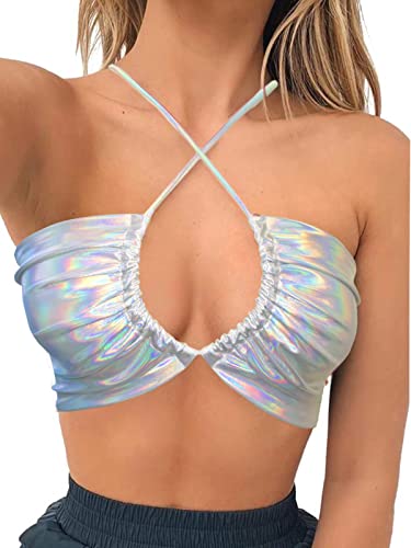 Festival Rave Crop Top for Women - Multicolored Silver, Large