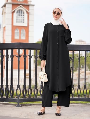 XX-Large Women's Muslim Abaya 2-Piece Set Long Sleeve Shirt & Pants Black Dubai Outfit