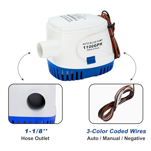 Automatic 1100GPH Bilge Pump for Boats - 12V, 1-1/8" Outlet, Float Switch