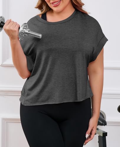 Plus Size Open Back Workout Top - Dark Grey XL Women's Athletic Shirt