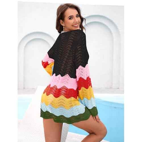 BB&KK Womens Crochet Swimsuit Cover Up Long Sleeve Summer Bathing Suit Color Block Bikini Mesh Knit Swimwear Beach Dress 2025