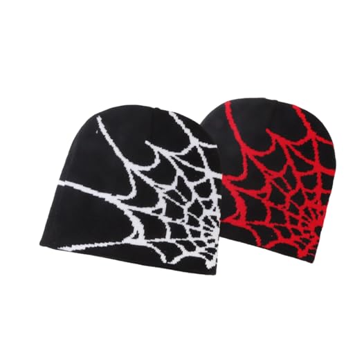 Y2K Beanie Hat with Gothic Spider Pattern - Wool & Acrylic Knitted Cap for Men & Women - Black & Red, One Size