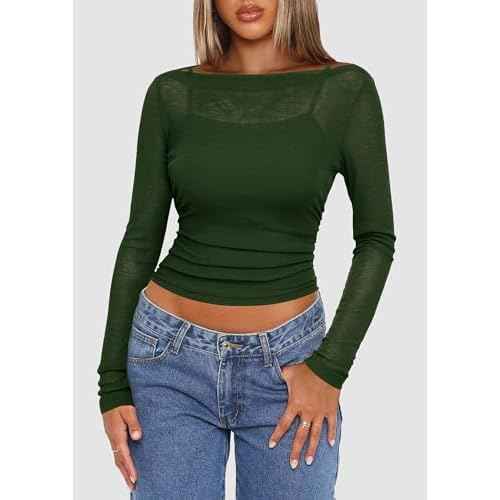 PRETTYGARDEN Women's Long Sleeve Sheer Crop Tops Boat Neck See Through Cover Up with Spaghetti Strap Camisole 2 Piece Blouses
