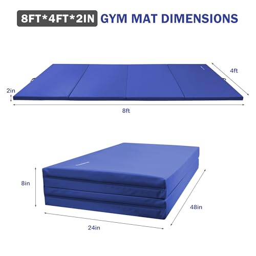 Fitvids Folding Exercise Gymnastics Mat, 4'x8'x2" Gym Workout Mat with Carrying Handles 4-Fold High-Density Anti-Tear Portable Fitness Aerobics Mat for Home Gym Yoga Pilates Tumbling MMA Core Training