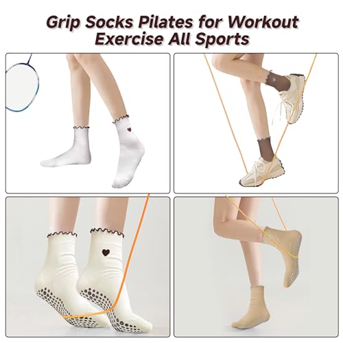 Cotton Pilates Grip Socks for Women - 4 or 6 Pairs Heart-Patterned Yoga Socks with Color Variations