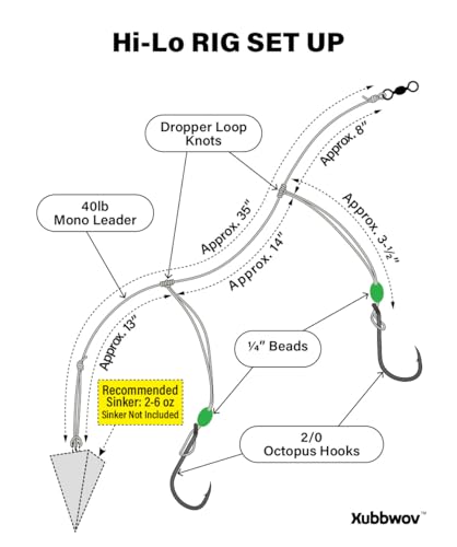 Hi-Lo Saltwater Fishing Rig with 2/0 Octopus Hooks - 6 Pack
