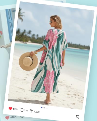 Women’s Lightweight Floral Print Kaftan Dress Swim Coverup - Green Stripe