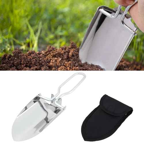 Folding Camping Shovel Mini Folding Shovel Steel Folding Shovel Outdoor Survival Shovel Stainless Steel Hiking Trowel Entrenching Tool Handle with Carrying Pouch(Color:Silver)