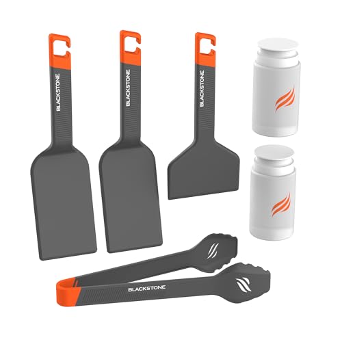 Camping Griddle Tool Kit - 6 Piece with Spatulas, Tongs, Scraper & Bottles