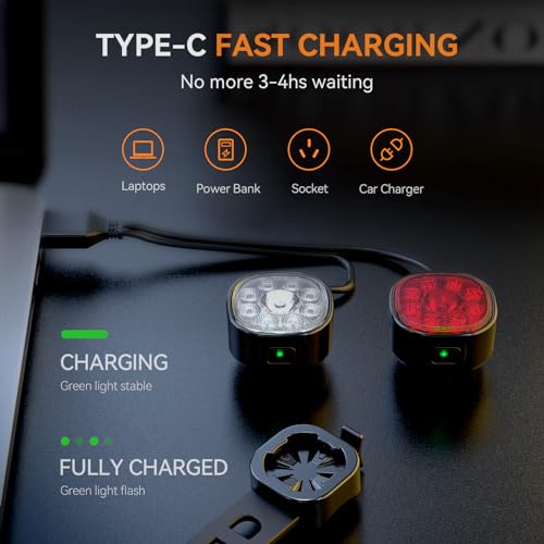 Victagen Bike Lights Kit VTG9 - USB-C Front & Rear LED Bicycle Headlights, Waterproof Night Riding