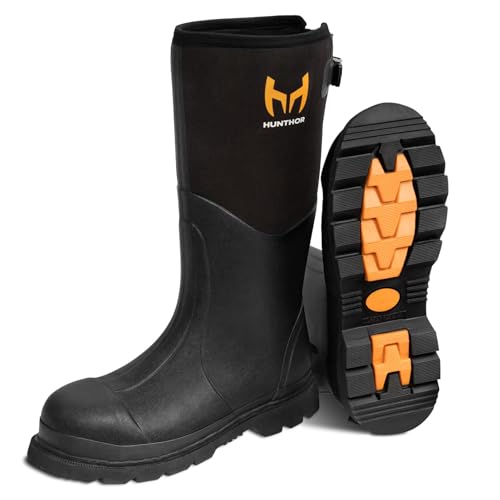 Rubber Work Boots, Puncture-Proof with Steel Toe & Shank, Waterproof Insulated 6mm Neoprene Hunting Boots for Farming, Construction, Gardening, Fishing, Outdoor Work (Size 6-14)