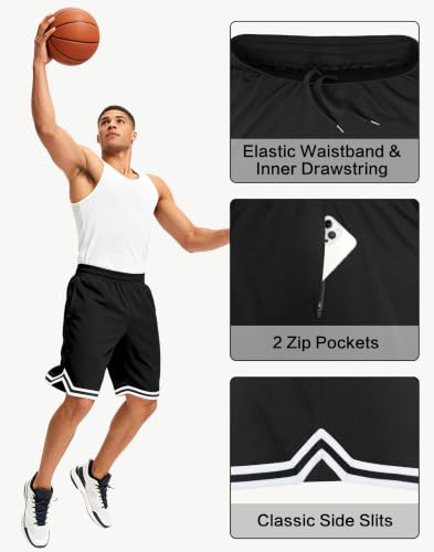 Men's 11-Inch Basketball Shorts with Zipper Pockets - Large, Black, Athletic Gym Wear
