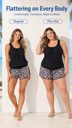 Aidonger Womens Tankini Swimsuit Modest 2-Piece Bathing Suit with Shorts - Large Black Leopard
