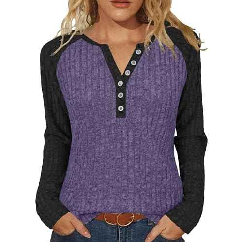 JomeDesign Womens Sweaters V Neck Long Sleeve Shirts Color Block Loose Casual Fall Tops 2025 Trendy Outfits S-2XL