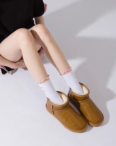 Yawlsow Cute Ruffle Pilates Grip Socks - Non Slip Crew Socks for Women, 2 Pack Pink & Brown - One Size