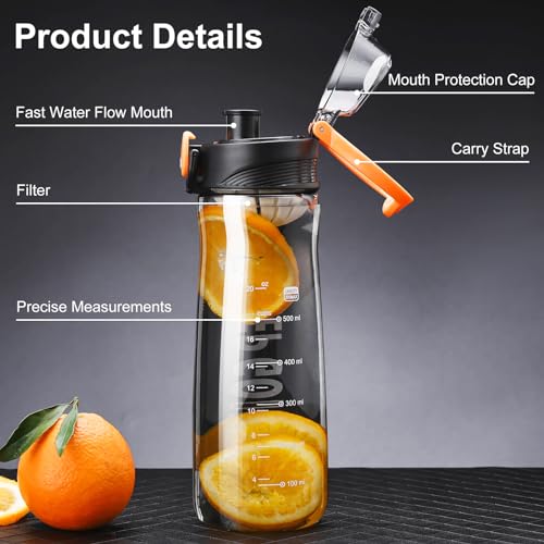 Doseno Clear Water Bottle 27 oz Reusable Plastic Sports Bottle with Filter – Black