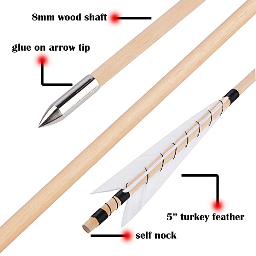 12 Pcs Wooden Arrow Shafts for Longbow Recurve Bow - 32 Inch with Feathers