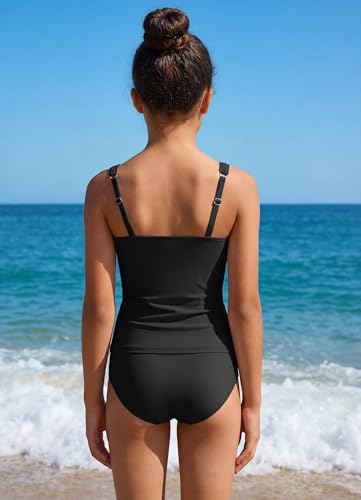 Girls Tankini Swimsuit Set 2 Piece Teen Bathing Swimwear Black 13-14 Years