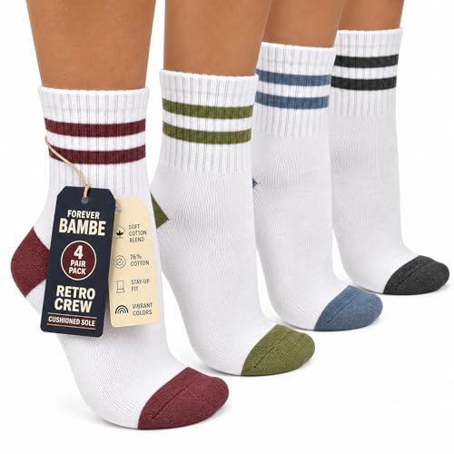 Forever Bambe Mini Crew Socks for Women 4-Pack Pastels Cushioned Bottom Retro Striped Athletic Socks - Short Calf Style
