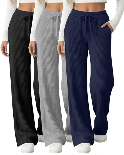 Women's Ribbed Knit Wide Leg Pants - Black, Gray, Navy (3 Pack, Large)
