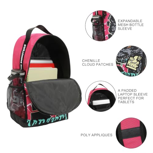 Godzilla Pink Backpack with Laptop Sleeve - Large Graphic Design - 17.5 Inch Bookbag - Pink & Black