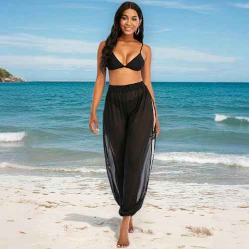 American Trends Sheer Beach Mesh Swimsuit Cover Up Harem Pants for Women High Slit See Through
