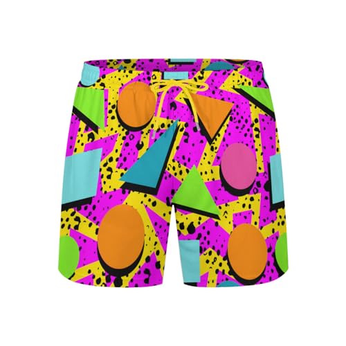 Men's Swim Trunks with Compression Liner - Large / 80s Memphis Style, 5.5 Inseam, Quick Dry Beach Shorts
